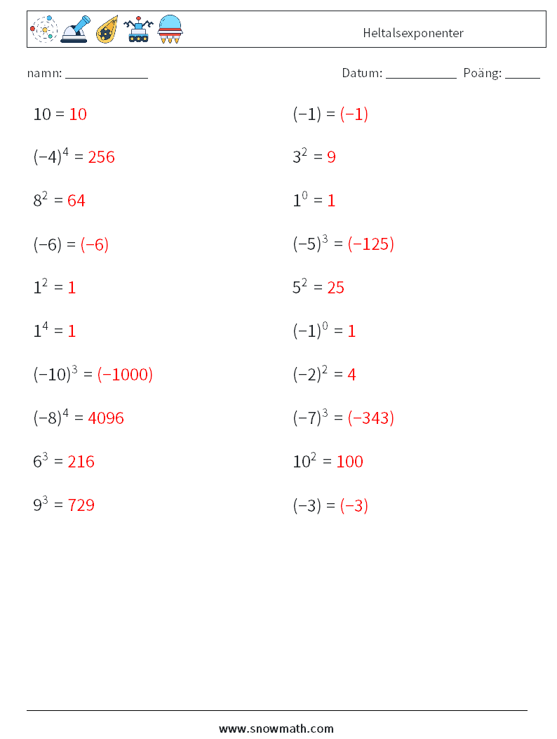 Heltalsexponenter Matematiska arbetsblad 3 Fråga, svar