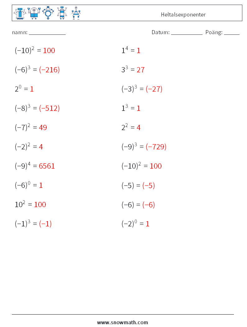 Heltalsexponenter Matematiska arbetsblad 4 Fråga, svar