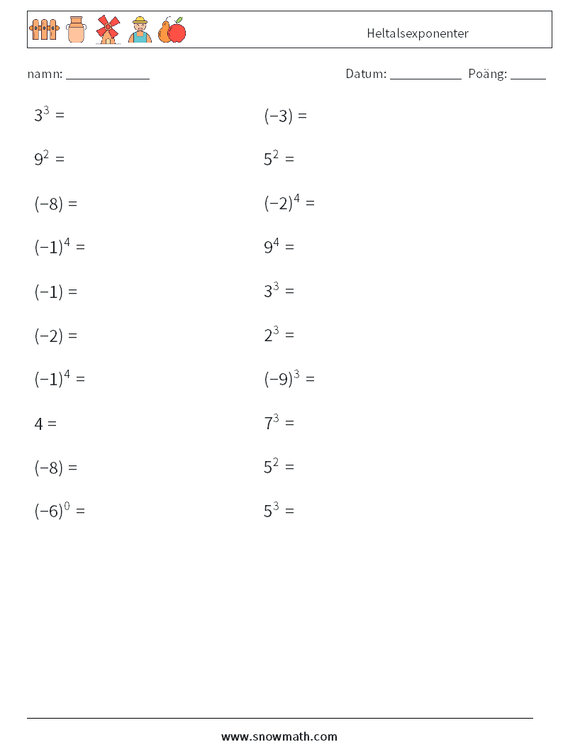 Heltalsexponenter Matematiska arbetsblad 5
