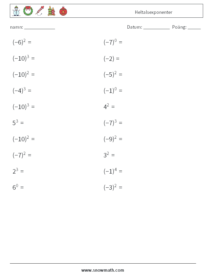 Heltalsexponenter Matematiska arbetsblad 6