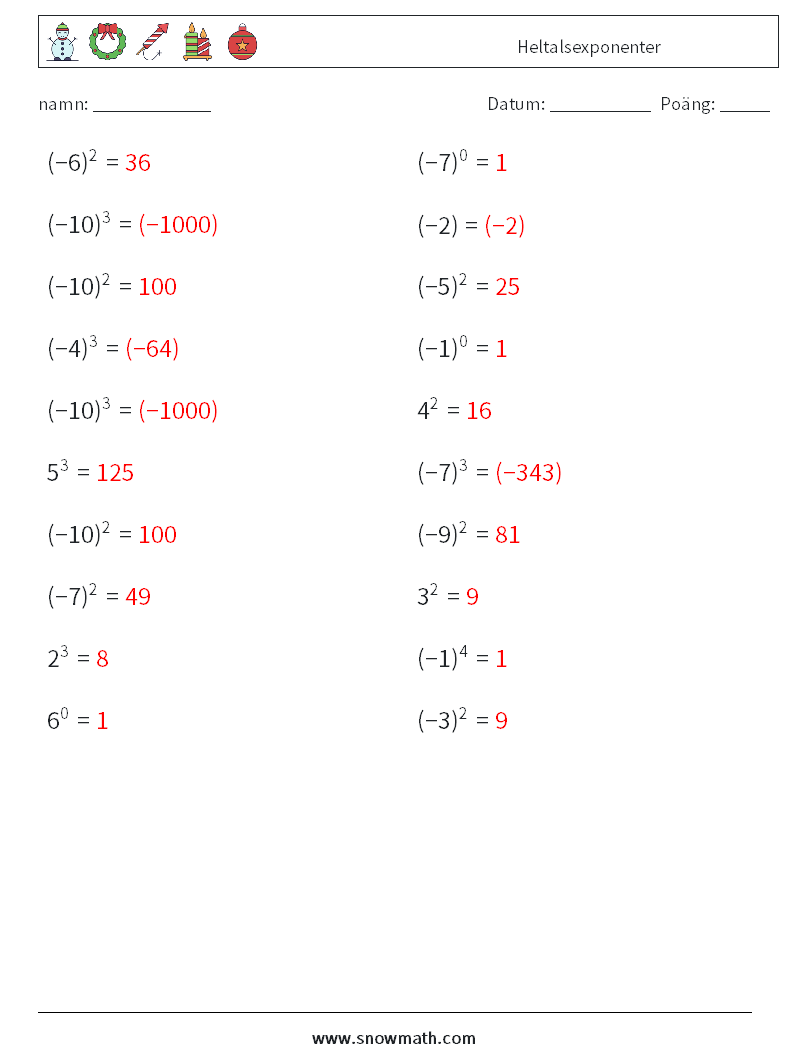 Heltalsexponenter Matematiska arbetsblad 6 Fråga, svar