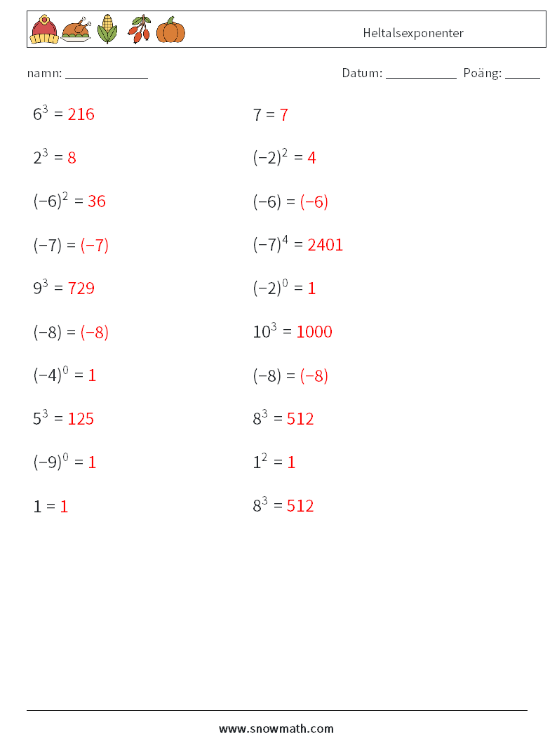 Heltalsexponenter Matematiska arbetsblad 7 Fråga, svar