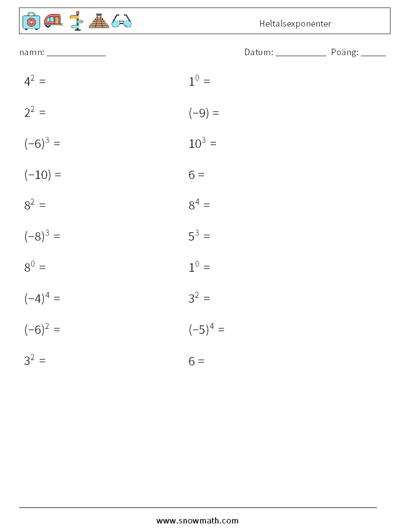 Heltalsexponenter Matematiska arbetsblad 8