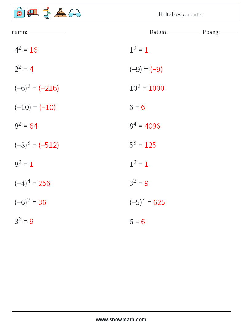 Heltalsexponenter Matematiska arbetsblad 8 Fråga, svar