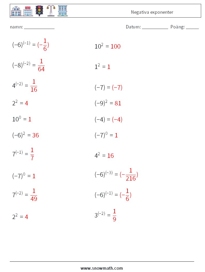  Negativa exponenter Matematiska arbetsblad 1 Fråga, svar