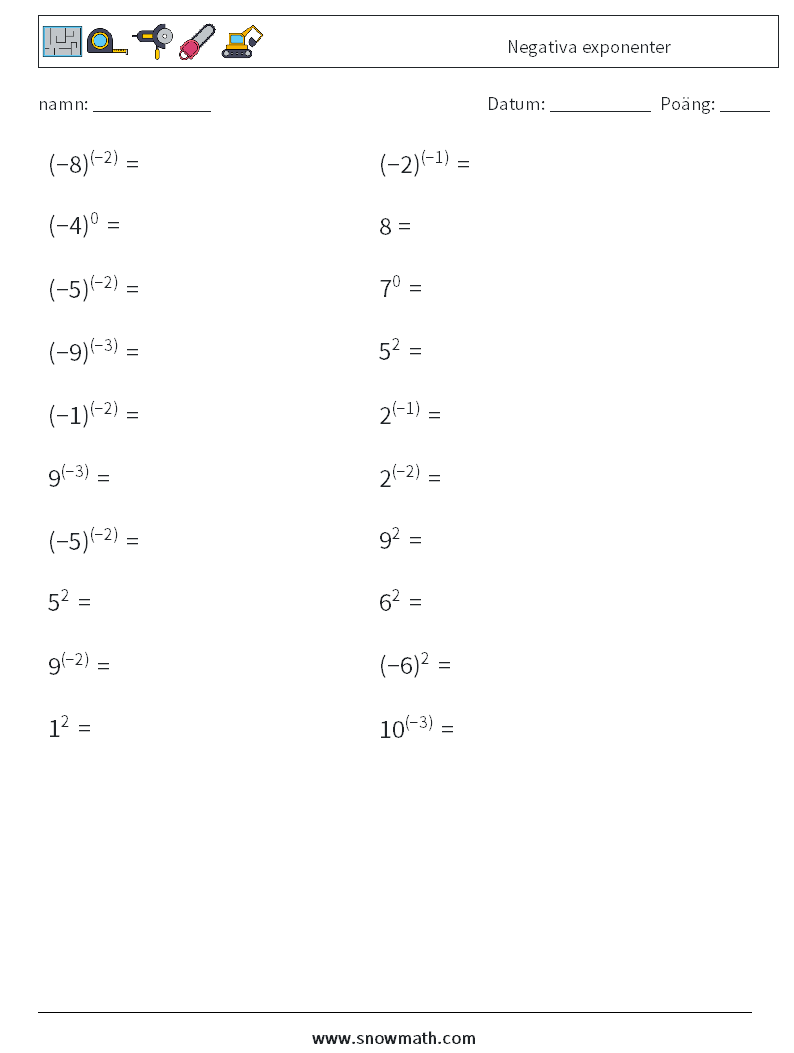  Negativa exponenter Matematiska arbetsblad 2