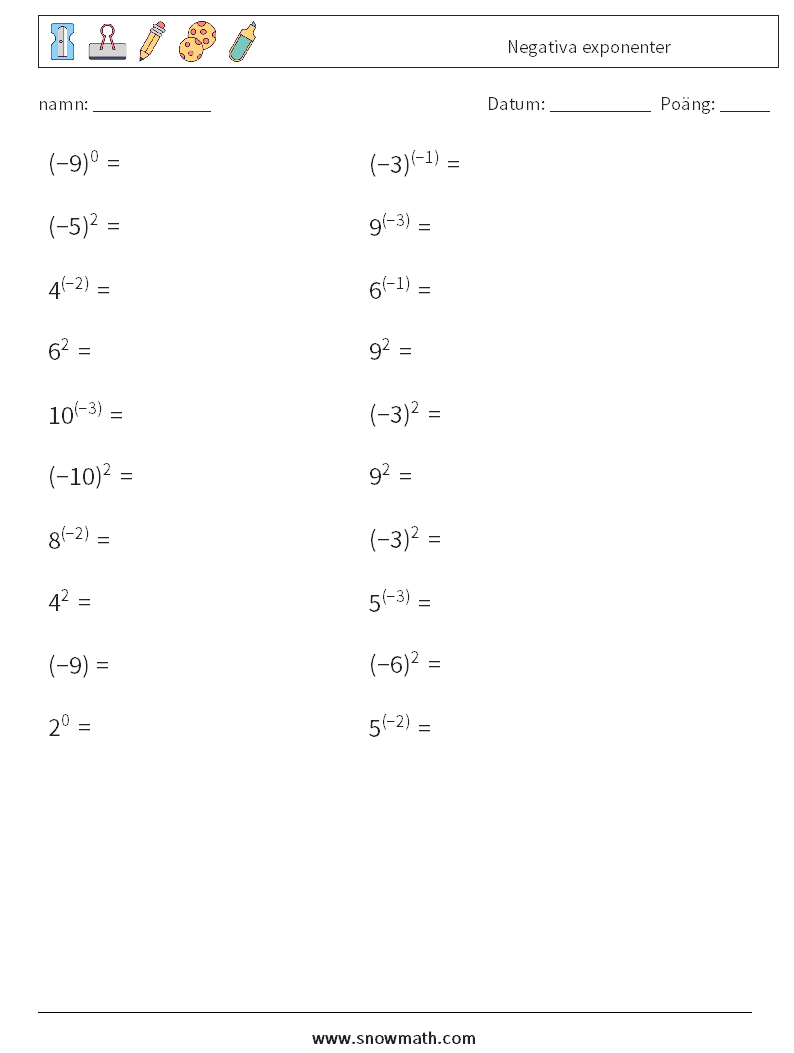  Negativa exponenter Matematiska arbetsblad 3