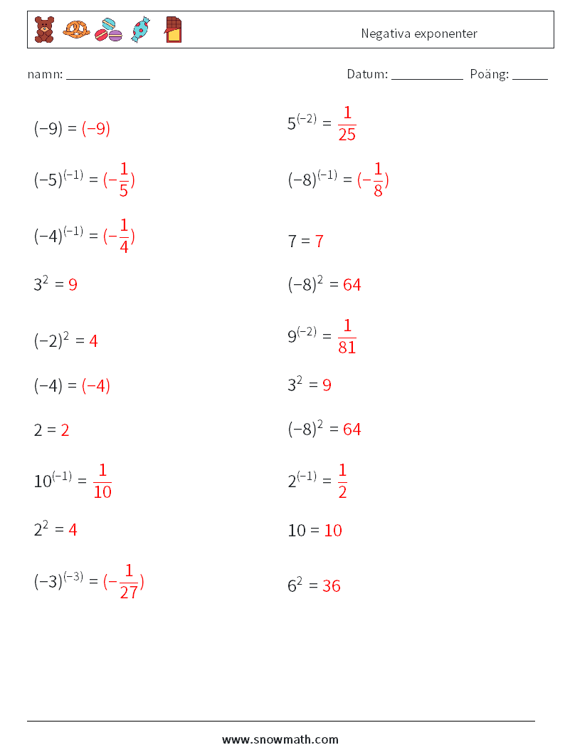  Negativa exponenter Matematiska arbetsblad 4 Fråga, svar