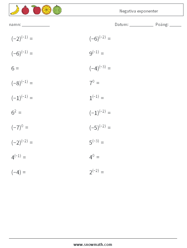  Negativa exponenter Matematiska arbetsblad 7