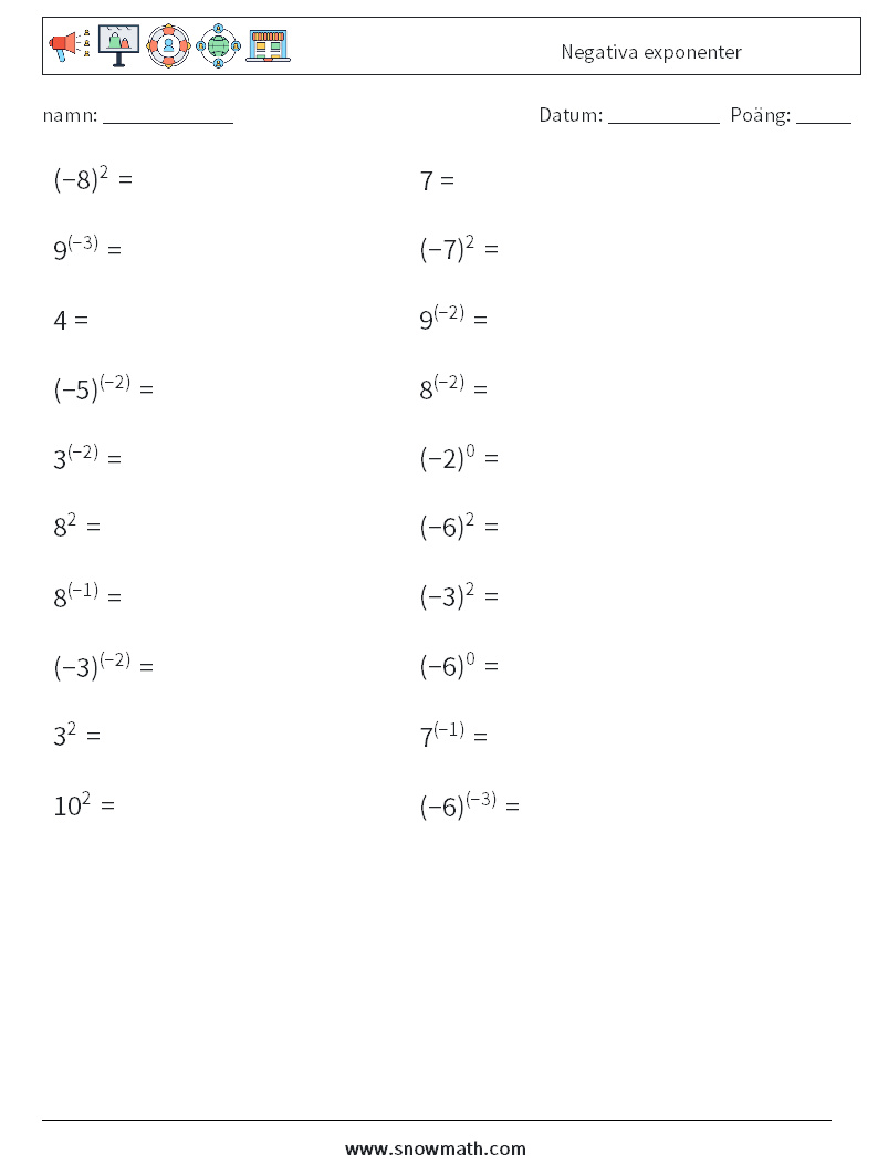  Negativa exponenter Matematiska arbetsblad 9