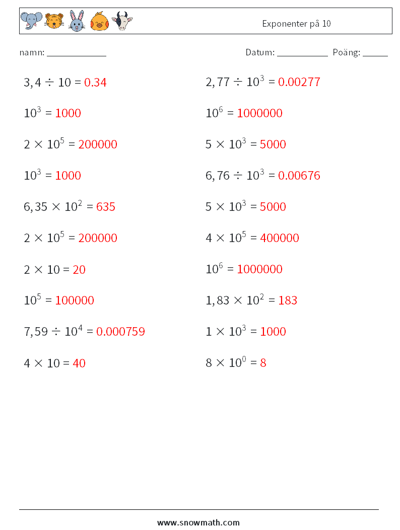 Exponenter på 10 Matematiska arbetsblad 1 Fråga, svar