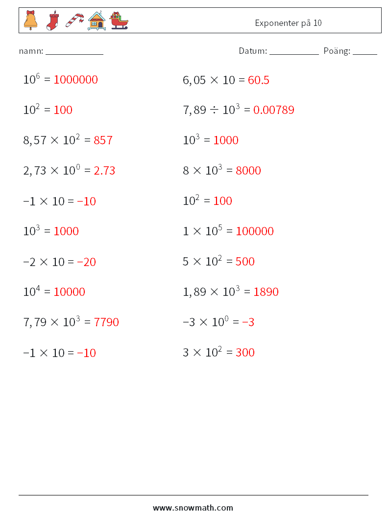 Exponenter på 10 Matematiska arbetsblad 2 Fråga, svar