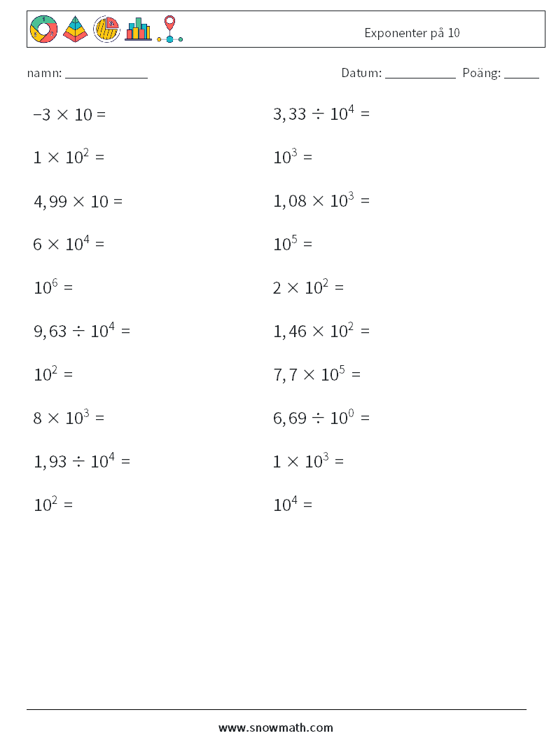 Exponenter på 10 Matematiska arbetsblad 3