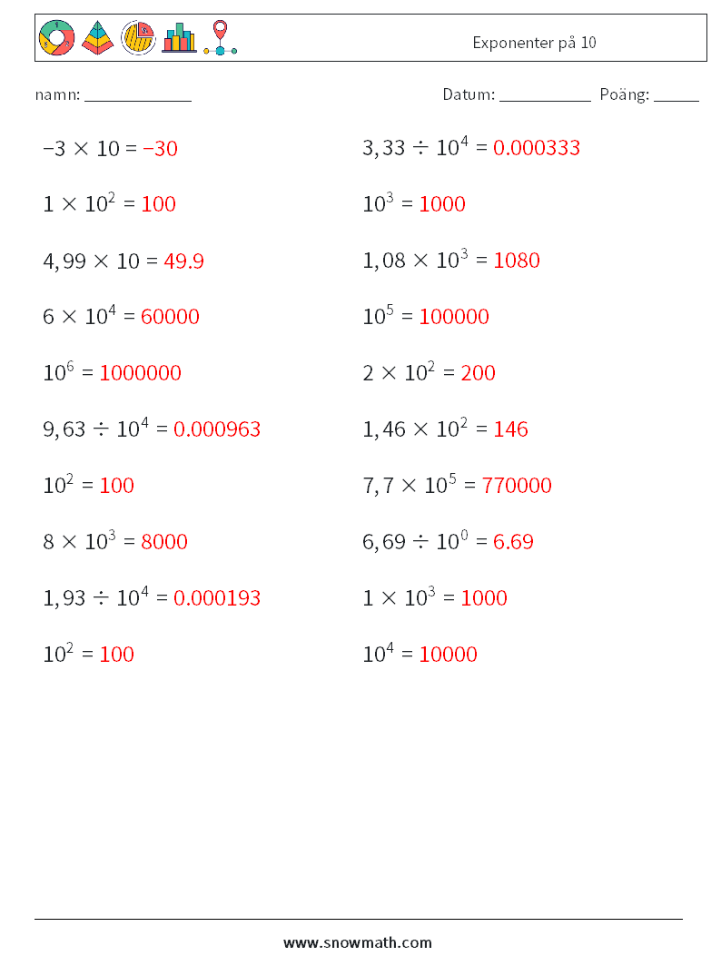 Exponenter på 10 Matematiska arbetsblad 3 Fråga, svar