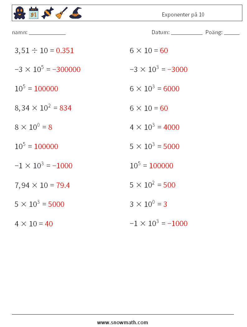 Exponenter på 10 Matematiska arbetsblad 5 Fråga, svar