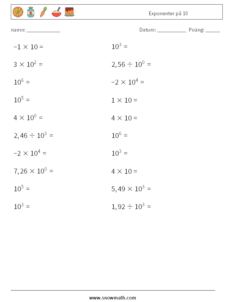 Exponenter på 10 Matematiska arbetsblad 7
