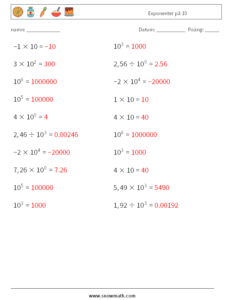 Exponenter på 10 Matematiska arbetsblad 7 Fråga, svar