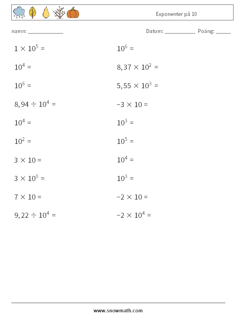 Exponenter på 10 Matematiska arbetsblad 8