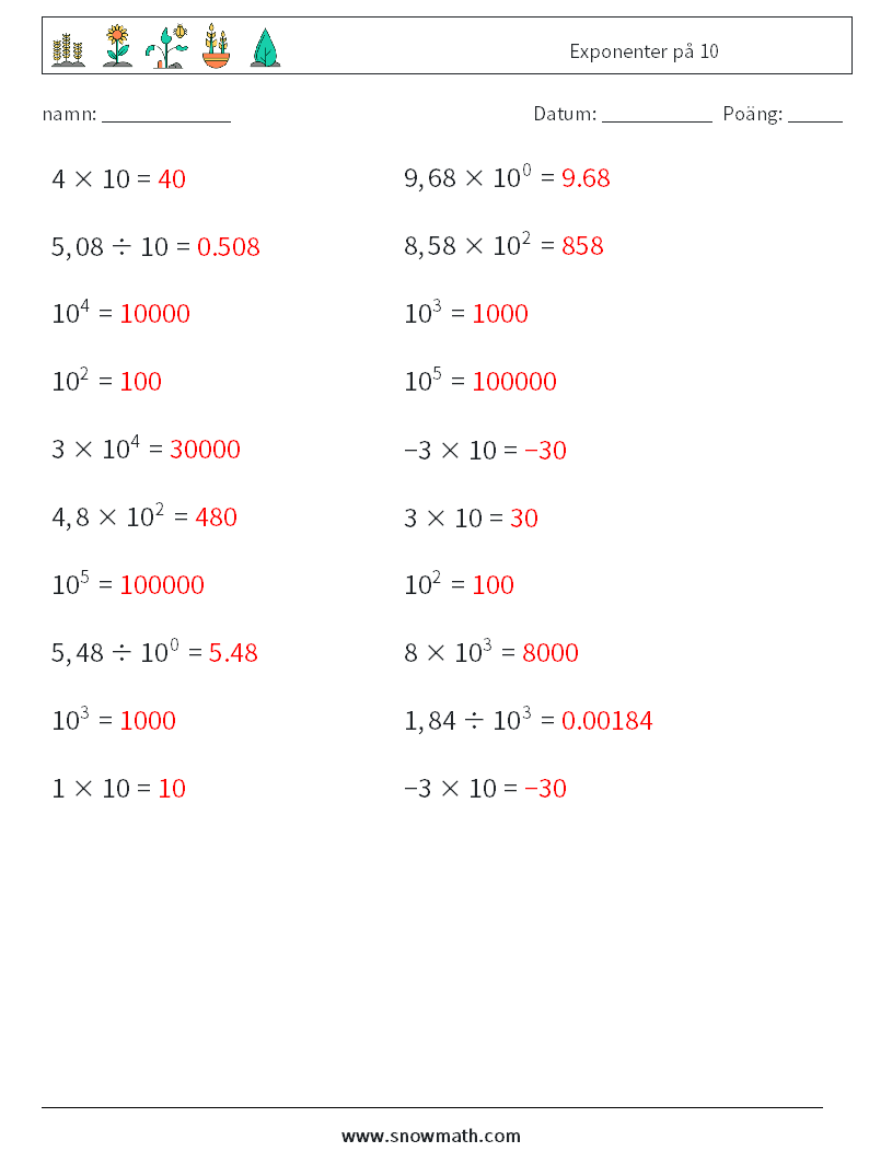 Exponenter på 10 Matematiska arbetsblad 9 Fråga, svar