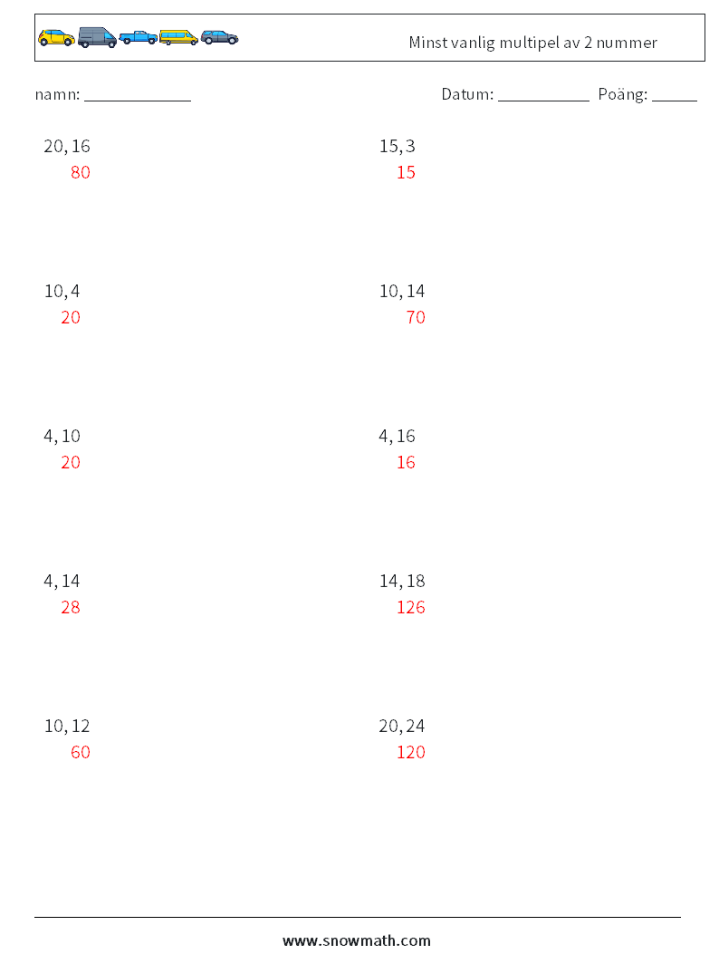 Minst vanlig multipel av 2 nummer Matematiska arbetsblad 1 Fråga, svar