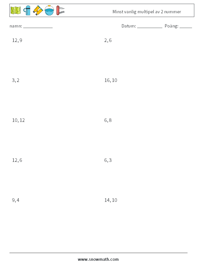 Minst vanlig multipel av 2 nummer Matematiska arbetsblad 2