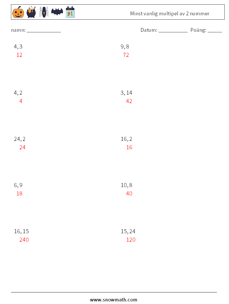 Minst vanlig multipel av 2 nummer Matematiska arbetsblad 5 Fråga, svar