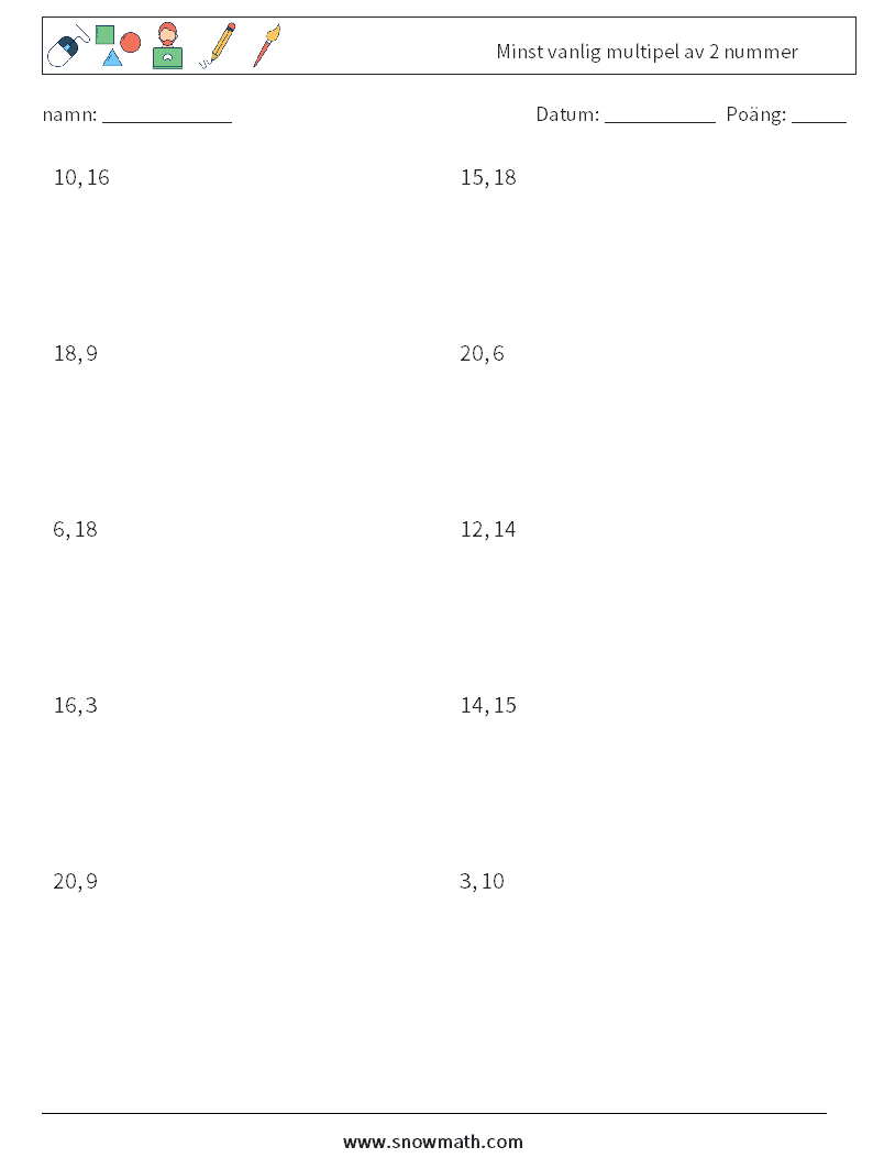 Minst vanlig multipel av 2 nummer Matematiska arbetsblad 6