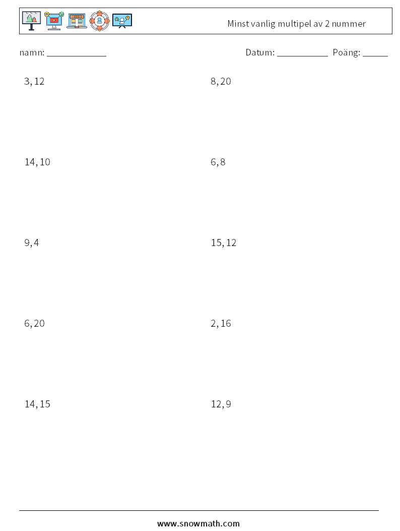 Minst vanlig multipel av 2 nummer Matematiska arbetsblad 7