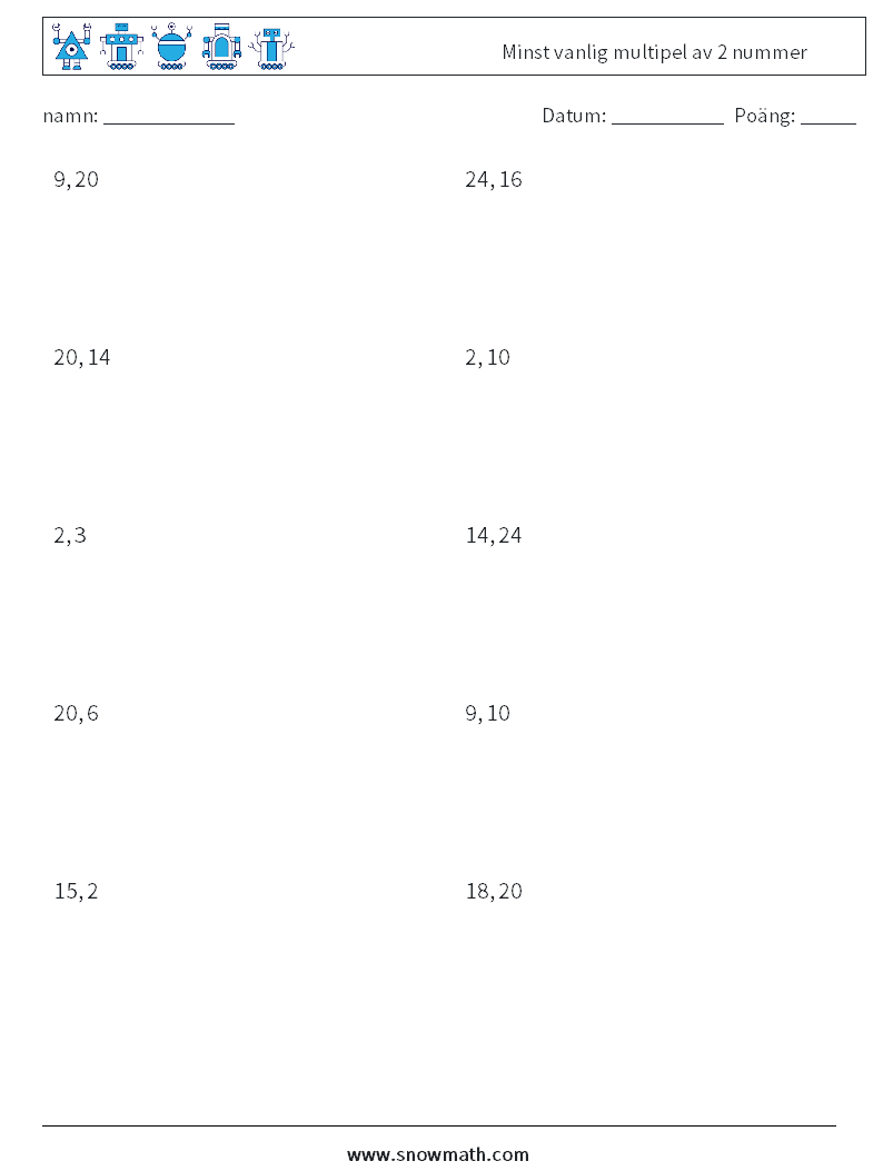 Minst vanlig multipel av 2 nummer Matematiska arbetsblad 8