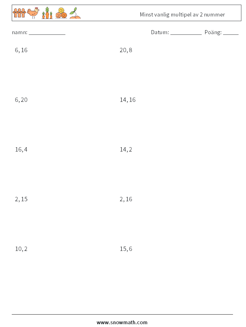 Minst vanlig multipel av 2 nummer Matematiska arbetsblad 9