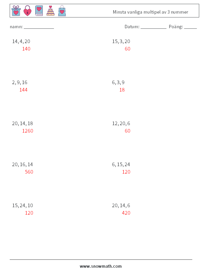 Minsta vanliga multipel av 3 nummer Matematiska arbetsblad 1 Fråga, svar