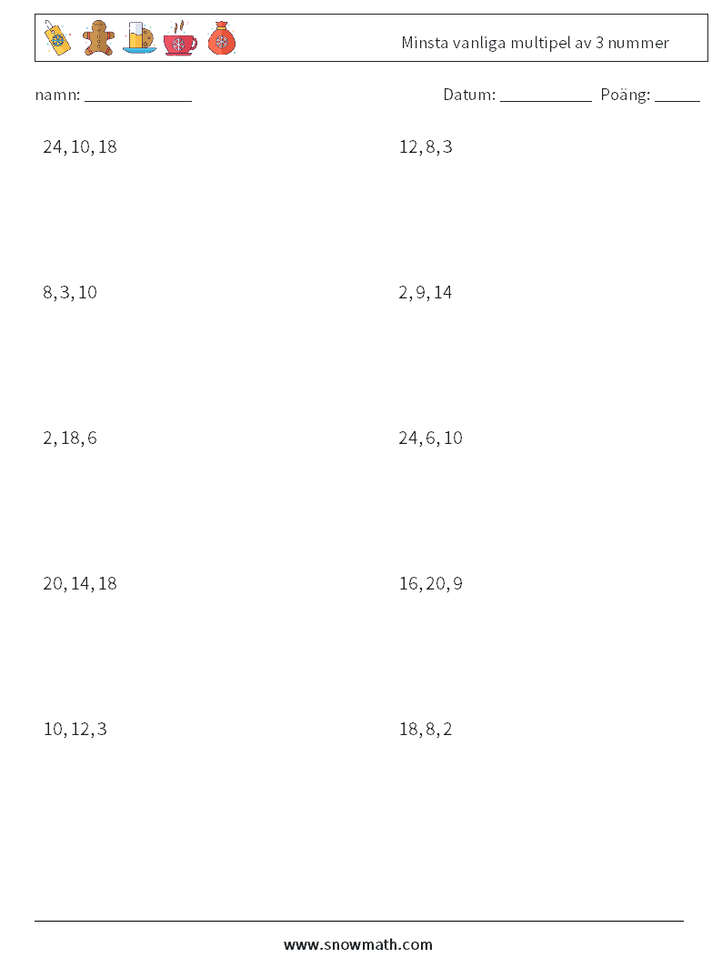 Minsta vanliga multipel av 3 nummer Matematiska arbetsblad 2