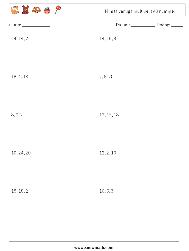 Minsta vanliga multipel av 3 nummer Matematiska arbetsblad 3