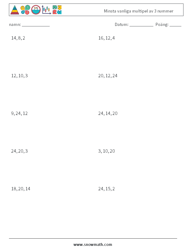Minsta vanliga multipel av 3 nummer Matematiska arbetsblad 4