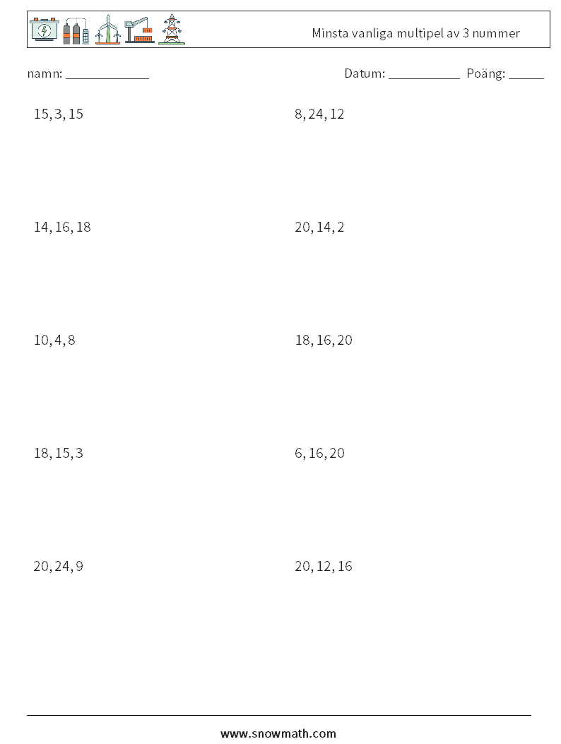Minsta vanliga multipel av 3 nummer Matematiska arbetsblad 6