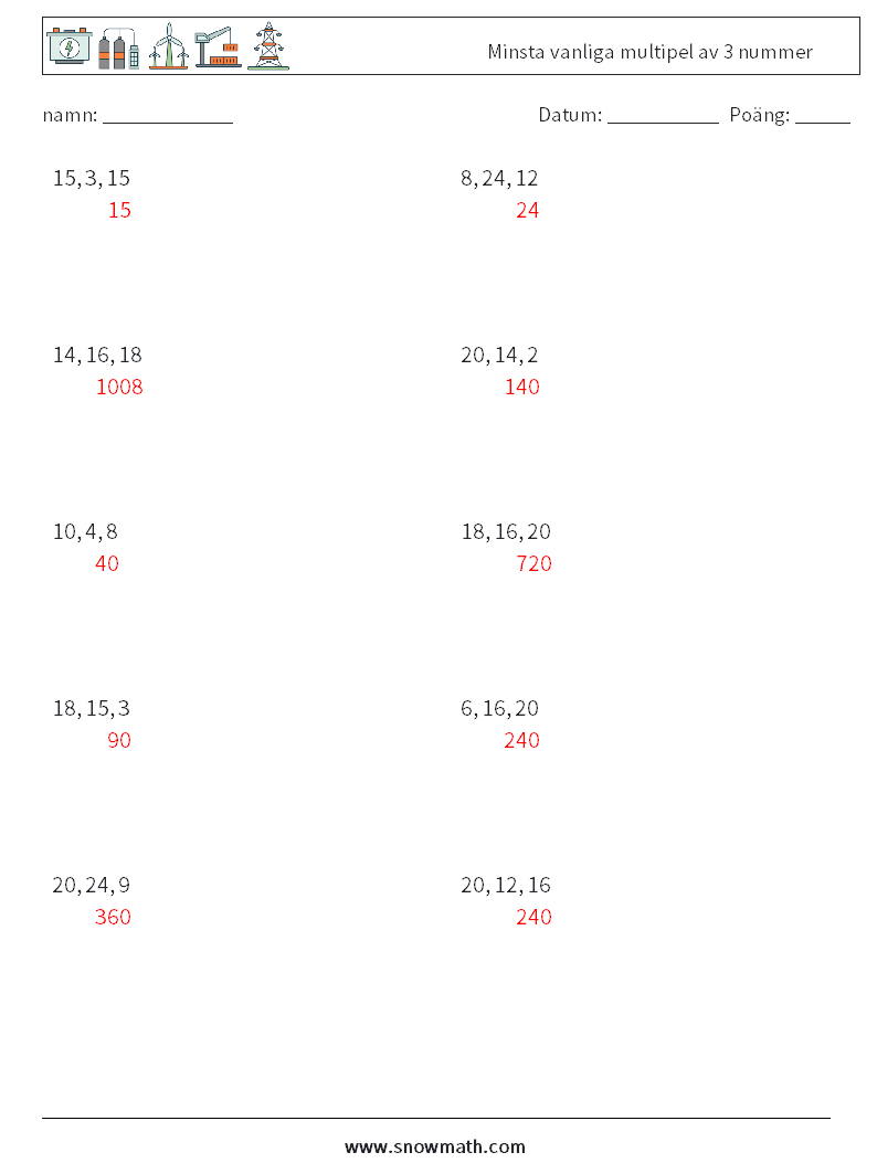 Minsta vanliga multipel av 3 nummer Matematiska arbetsblad 6 Fråga, svar
