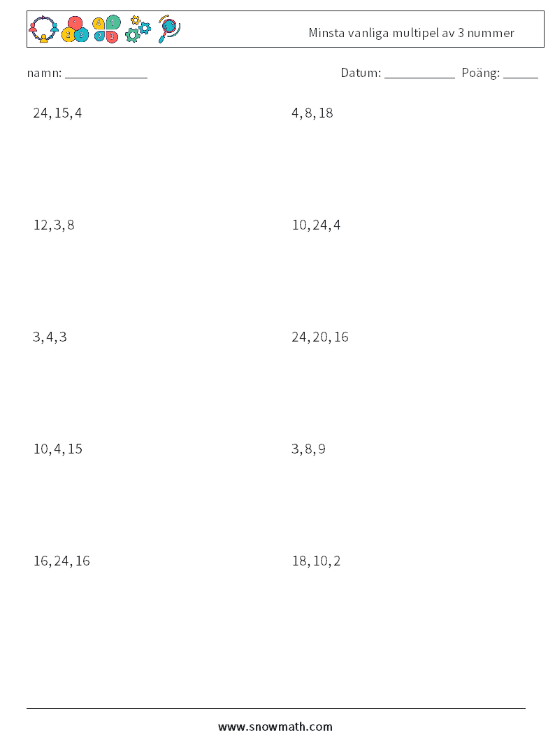 Minsta vanliga multipel av 3 nummer Matematiska arbetsblad 8