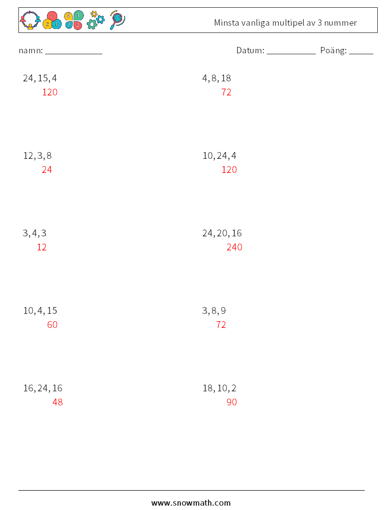 Minsta vanliga multipel av 3 nummer Matematiska arbetsblad 8 Fråga, svar