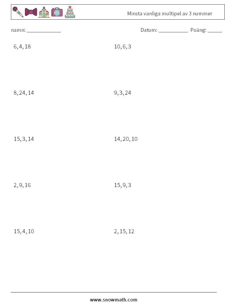Minsta vanliga multipel av 3 nummer Matematiska arbetsblad 9