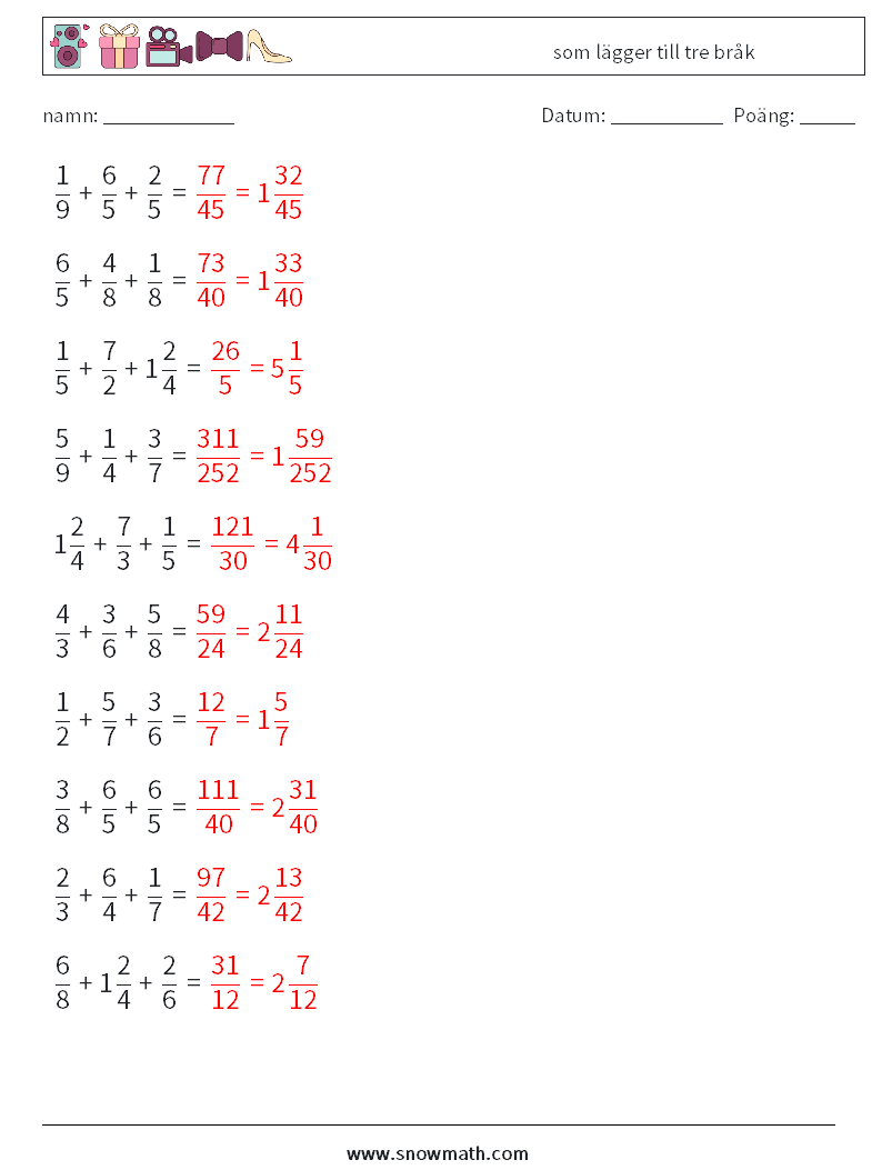 (10) som lägger till tre bråk Matematiska arbetsblad 16 Fråga, svar