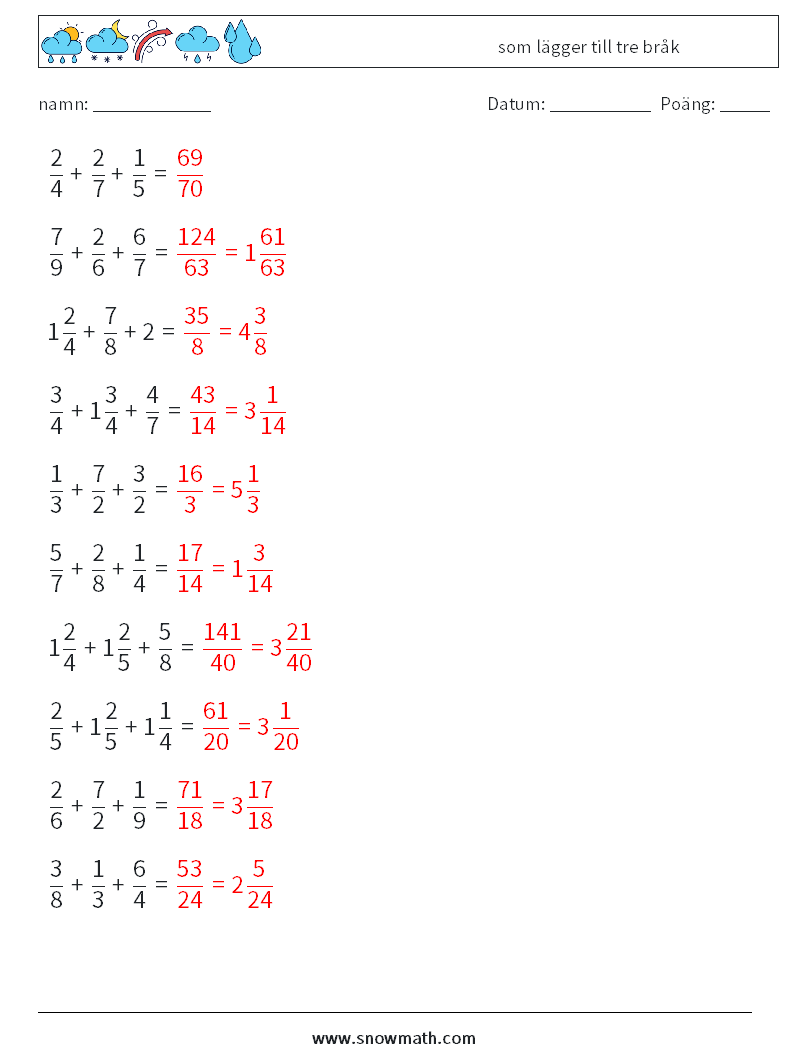 (10) som lägger till tre bråk Matematiska arbetsblad 17 Fråga, svar