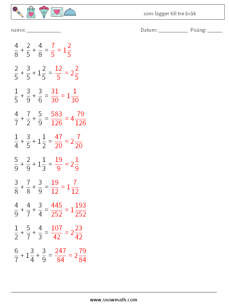 (10) som lägger till tre bråk Matematiska arbetsblad 18 Fråga, svar