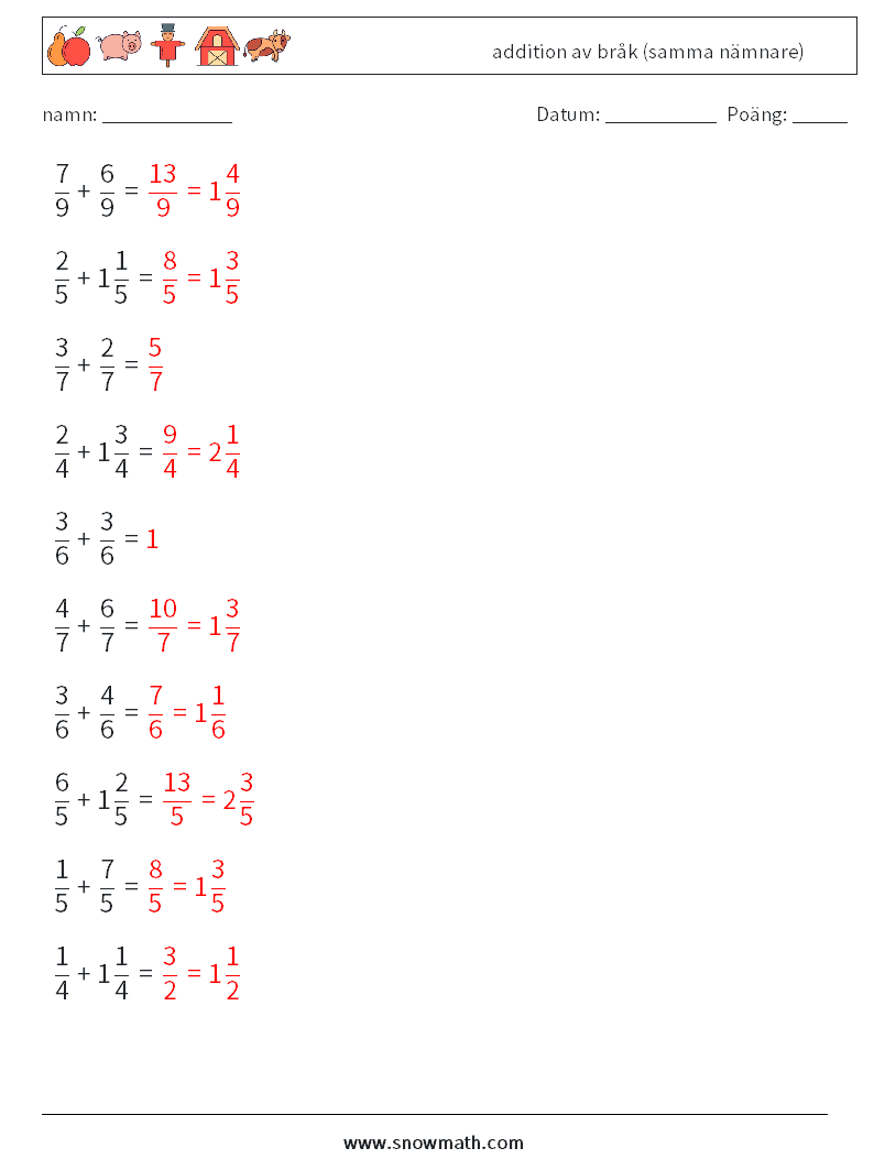 (10) addition av bråk (samma nämnare) Matematiska arbetsblad 15 Fråga, svar