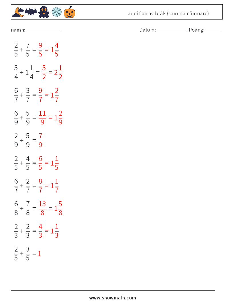 (10) addition av bråk (samma nämnare) Matematiska arbetsblad 16 Fråga, svar