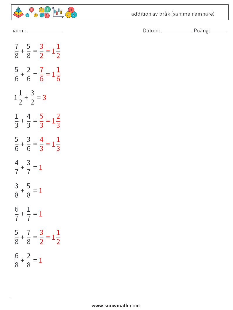 (10) addition av bråk (samma nämnare) Matematiska arbetsblad 18 Fråga, svar