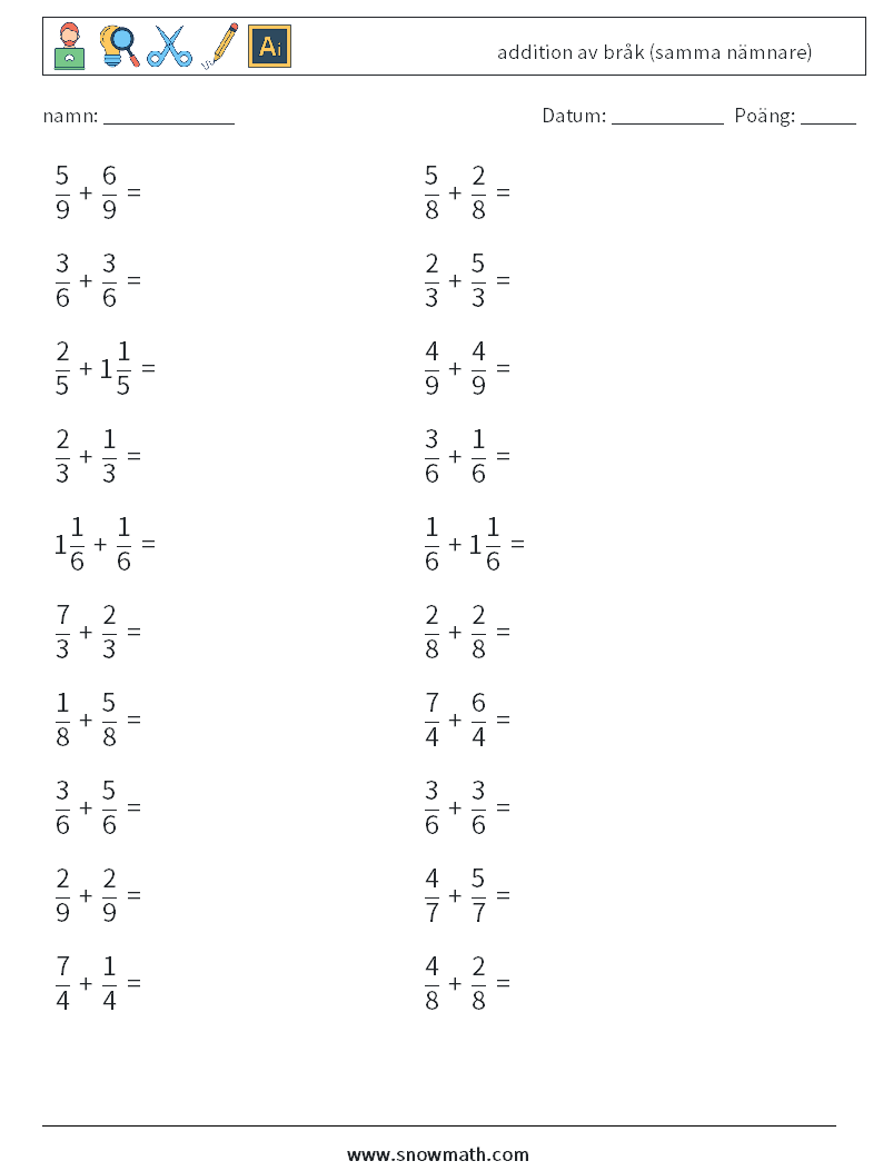 (20) addition av bråk (samma nämnare) Matematiska arbetsblad 1