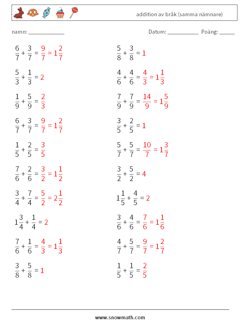 (20) addition av bråk (samma nämnare) Matematiska arbetsblad 11 Fråga, svar