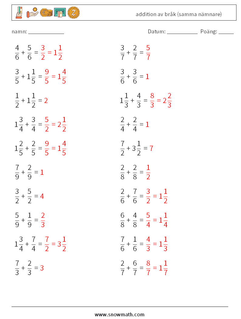 (20) addition av bråk (samma nämnare) Matematiska arbetsblad 13 Fråga, svar