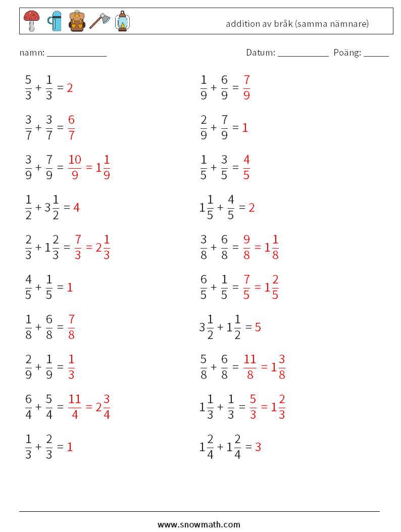 (20) addition av bråk (samma nämnare) Matematiska arbetsblad 17 Fråga, svar