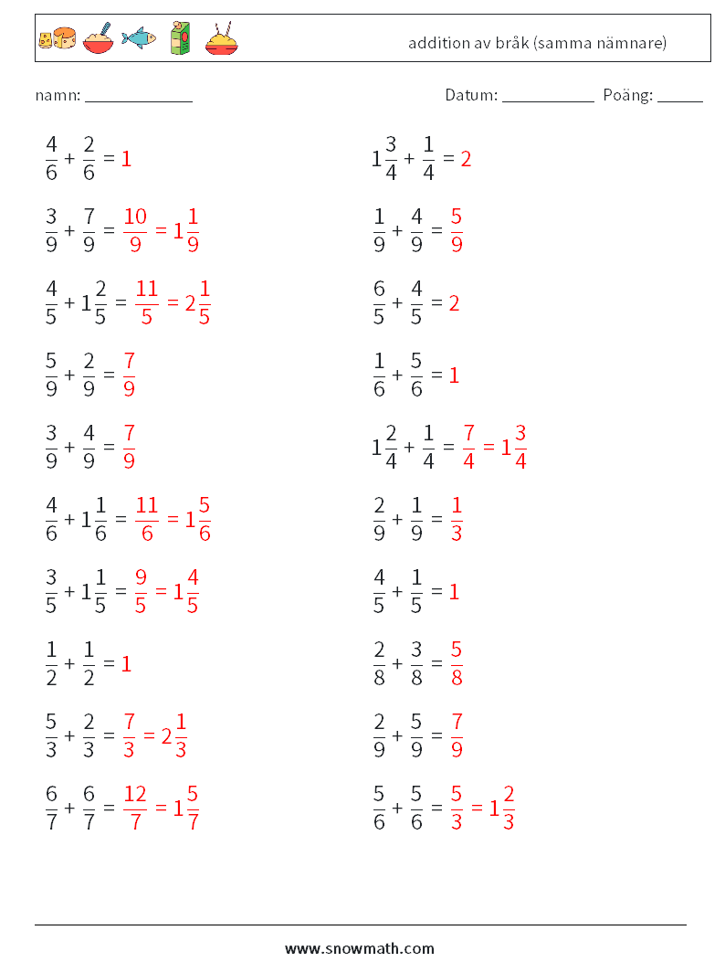 (20) addition av bråk (samma nämnare) Matematiska arbetsblad 18 Fråga, svar